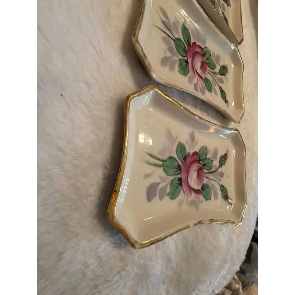 Set of 3 Vintage Weisley China Hand Painted Floral Trinket Dishes Gold Trim